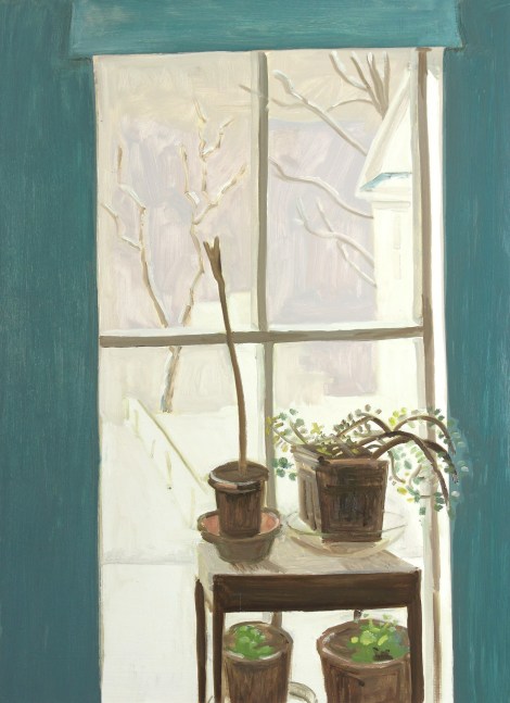 Painting of an interior with potted plants on a small table in front of a window looking out at a snowy yard