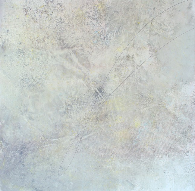 Abstract painting with a looping, curvilinear line over an atmospheric, white ground