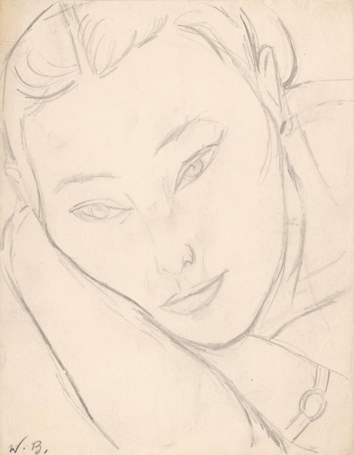 Graphite drawing of a woman with her head resting on her arms