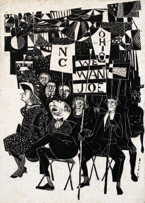 Marvin Bileck,&amp;nbsp;Untitled (We Want Joe),&amp;nbsp;c. 1955-1965, scratchboard, 3 1/16 x 2 3/8 inches