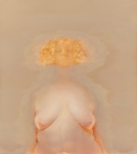 Painting of a nude figure with curly yellow hair standing against an atmospheric beige background