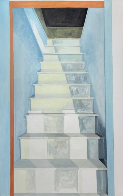 Painting of a white staircase in a blue hallway