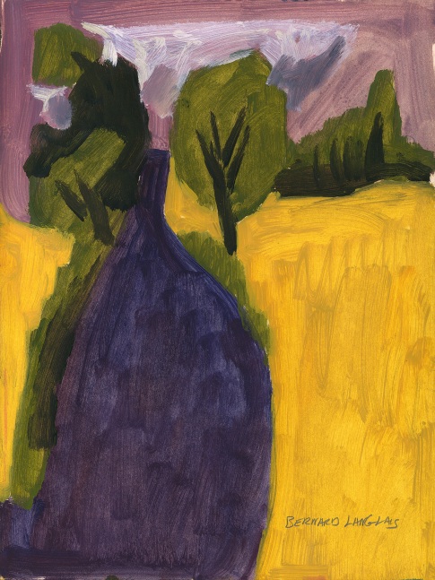 Landscape painting on paper of trees in a yellow field