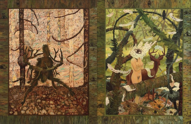 Surreal diptych of two forest scenes; a mythical deer-like creature with large antlers on the left side and a nude figure on the right side with a piece of tree bark over its face