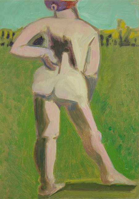 Painting of the back of a nude figure standing in the grass