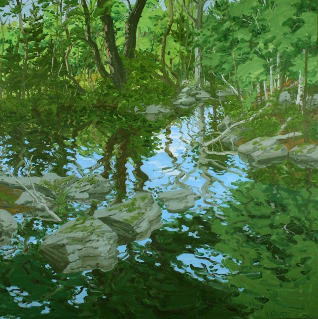 Painting of a river surrounded by a dense green forest, with the sky and trees reflected in the water