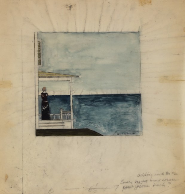 Sheet of paper with a small watercolor painting on it, with a figure standing on a porch looking out at the sea