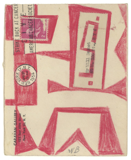 Abstract painting on paper consisting of geometric red forms arranged on a postage envelope, with text reading