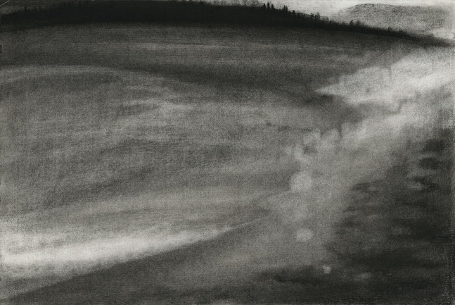 Charcoal landscape drawing of the shoreline and sea