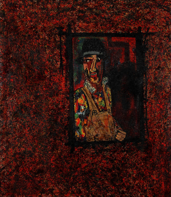 Abstracted, expressionist painting of a figure inside a window set into a deep red, textured wall
