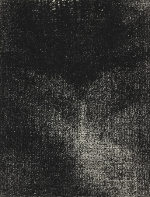Atmospheric charcoal landscape drawing of a nocturnal scene, showing a path surrounded by grass leading into a forest