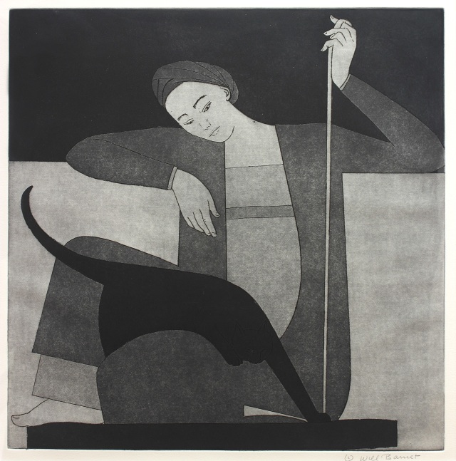 Black and white etching of seated woman teasing a black cat with a string