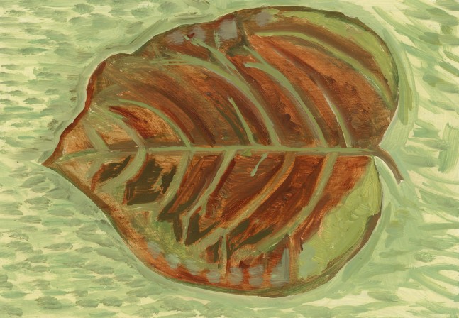 Painting of a brown leaf with a light green, grassy background
