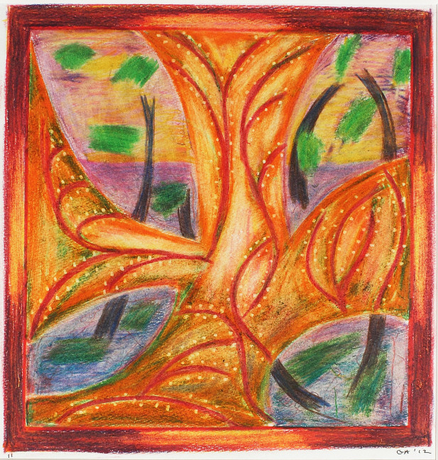 Abstract drawing on paper with an organic forms in orange, purple, brown, yellow and green, framed in red