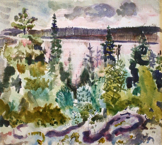 Watercolor painting of a landscape with trees in the foreground and a body of water in the background