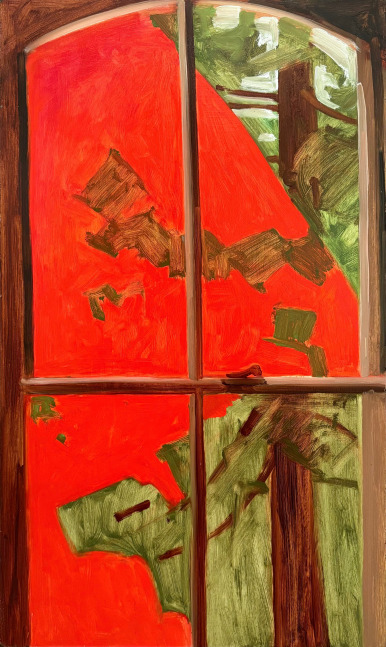 Red Maple in Window, 1986, oil on Masonite, 20 x 12 inches