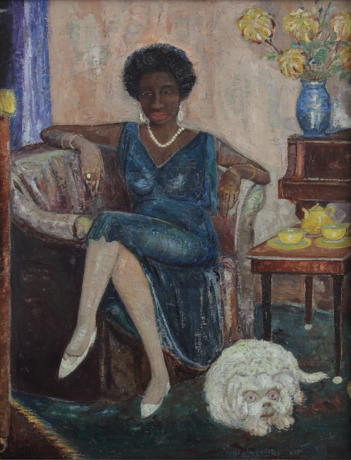 Portrait painting of a woman in an evening dress, stockings and pearls lounging in an armchair, with a white dog on the floor, and yellow tea set and vase of yellow flowers behind her