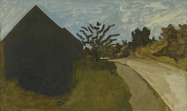 A painting of the silhouette of a house in the dark, and a moonlit sky