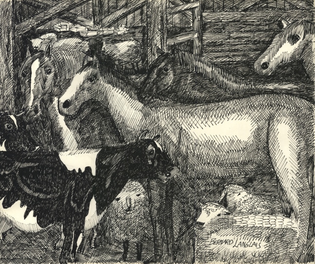 Ink drawing on paper of a group of horses, cows and sheep huddled together in a stable