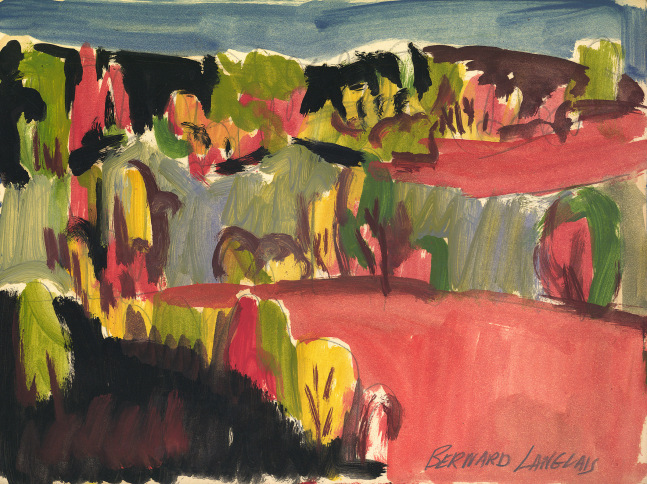 Painting on paper of a landscape with red and black hills covered in green and yellow trees