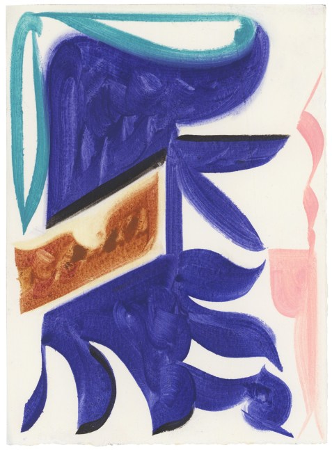 Abstract painting with organic forms in blue, pink and amber on a cream-colored ground