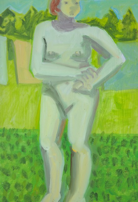 Painting of a nude figure standing outside in the grass, with a laundry line behind