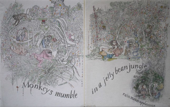 Marvin Bileck,&amp;nbsp;Monkeys Mumble in a Jelly Bean Jungle and Rain Makes Applesauce, 1964, graphite on colored pencil on paper, 9 1/2 x 15 inches