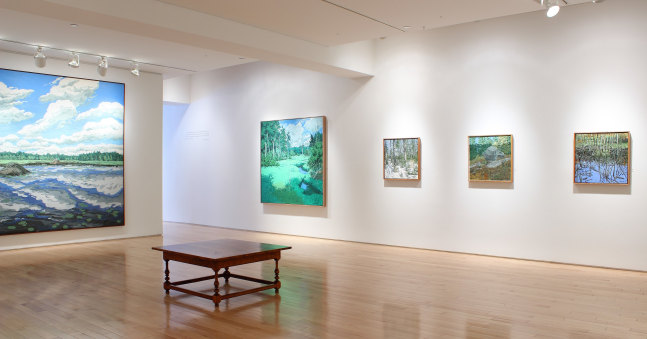 Photograph showing a corner view of an exhibition with five paintings hanging on white walls