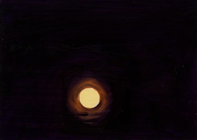 Painting of a full moon surrounded by a red halo in a black sky