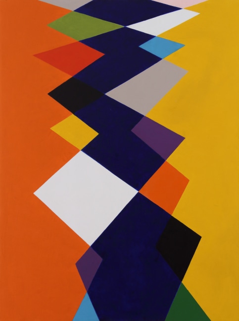 Geometric abstract painting with interlocking shapes in orange, yellow, blue, purple, black, green, and grey