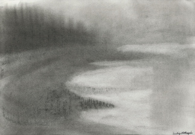 Charcoal landscape drawing of the shore and trees with light reflecting on the water