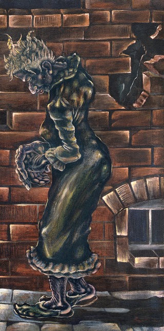 Painting of a haggard-looking figure in slippers walking down a city sidewalk