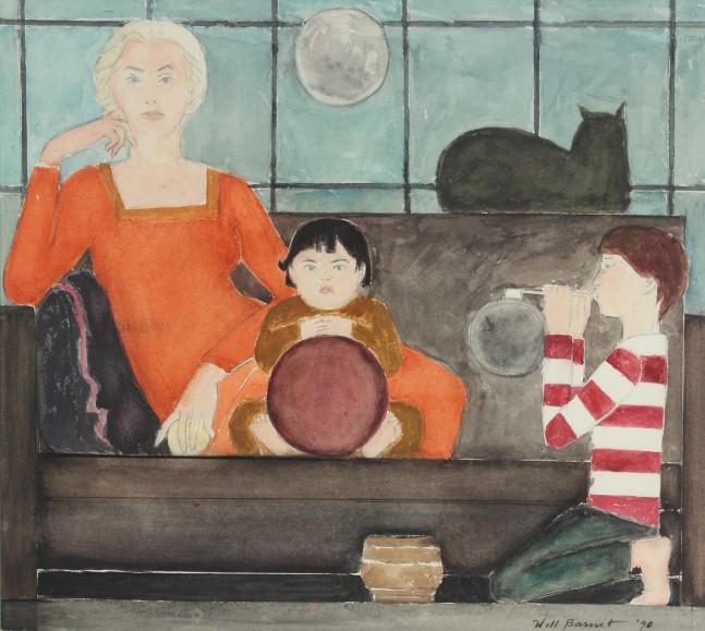 Watercolor painting of a woman reclining on a couch, with an infant holding a red ball sitting in front of her, a child blowing bubbles seated on the ground below, and a black perched on the back of the couch
