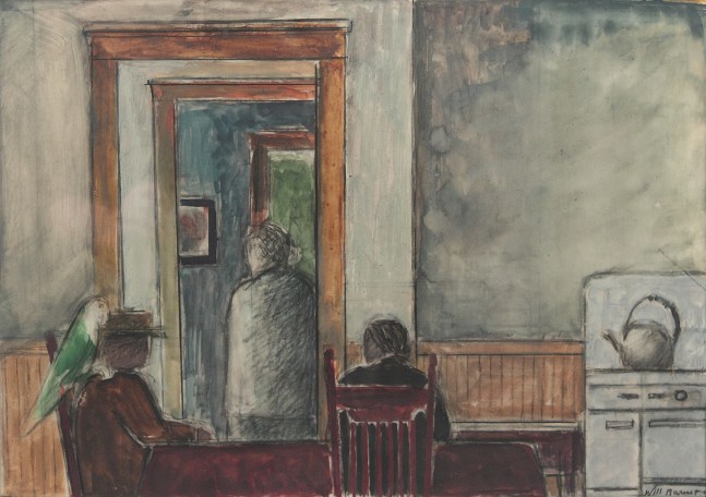 Watercolor painting of three figures in an interior scene