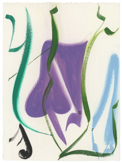 Abstract painting with organic purple, green, blue and black forms on a cream-colored ground