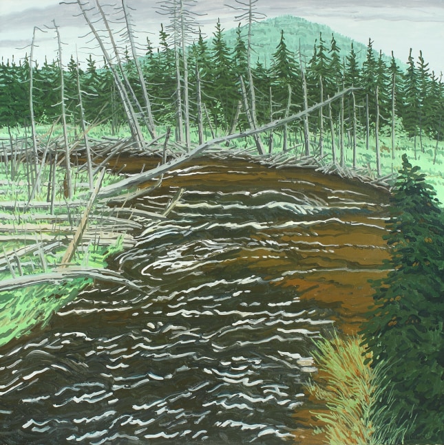 Landscape painting of a large, murky river in a meadow littered with sticks and dead trees, with a green mountain and forest in the background