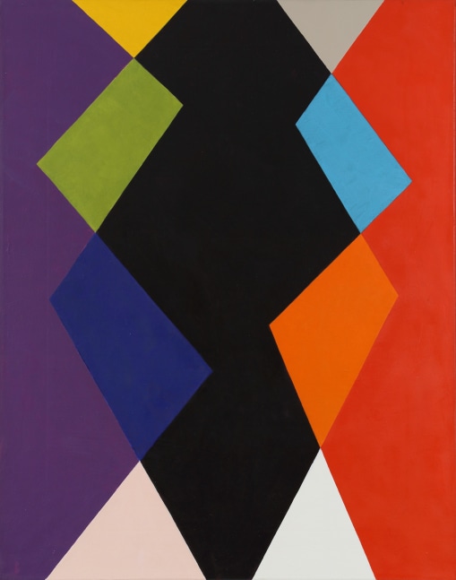 Geometric abstract painting with interlocking shapes in black, purple, red, orange, blue, green, grey, and yellow