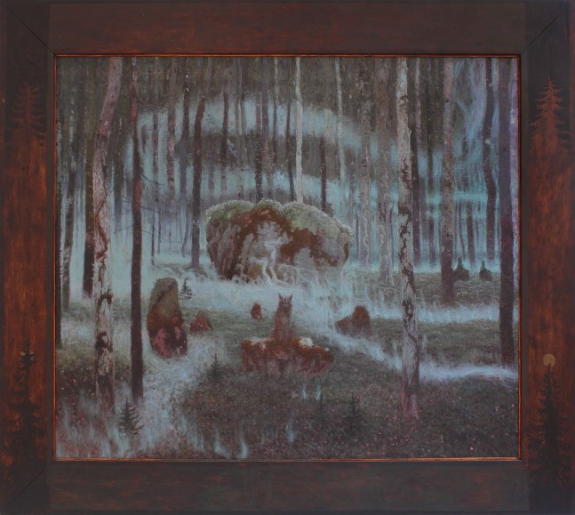 Painting of a misty forest landscape at twilight, with a wolf seated on a rock in the center