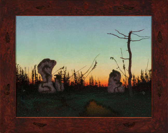 Painting of a surreal landscape with three rock formations surrounded by trees, with a vibrant sunset in the background