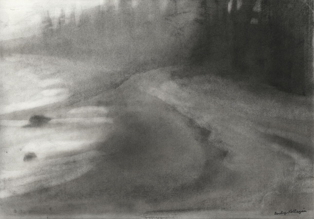 Charcoal landscape drawing of a sandy shoreline and waterline to the left