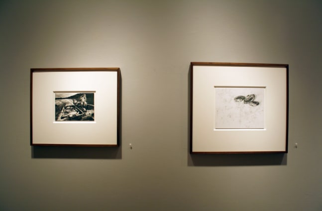 Photograph showing a view of an exhibition, with two small framed drawings hanging on a grey wall