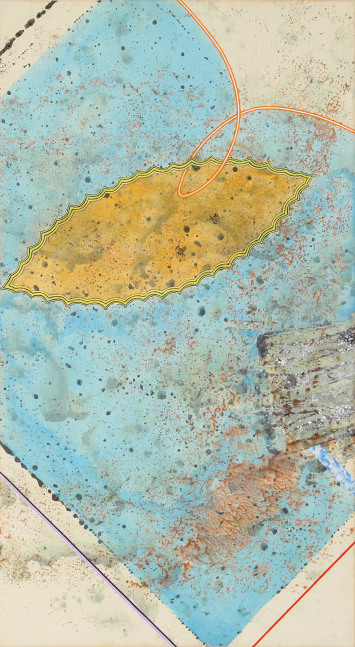 Abstract painting with an oblong yellow shape within a blue rectangular shape on an off-white ground