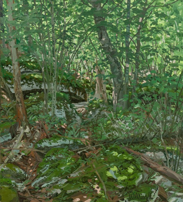 Landscape painting of a lush green forest