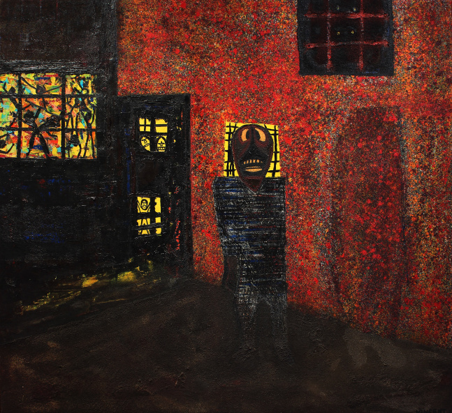 Abstracted, expressionist painting with a figure standing on a darkly-lit street with his mouth open as if screaming and yellow light emanating from the building behind him