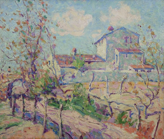 Impressionist painting of a French landscape scene, with a white building set behind trees and land, with a road curving around it and under a bridge to the left