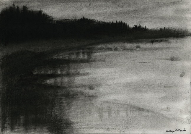 Charcoal landscape drawing of the sky and sea in dim lighting, with a hazy sky reflecting on the water