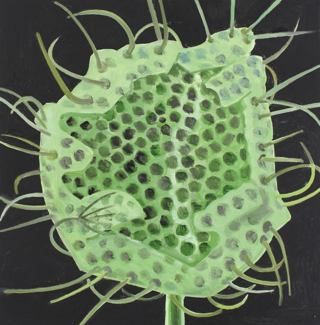 Painting of the head of a light green plant against a black ground