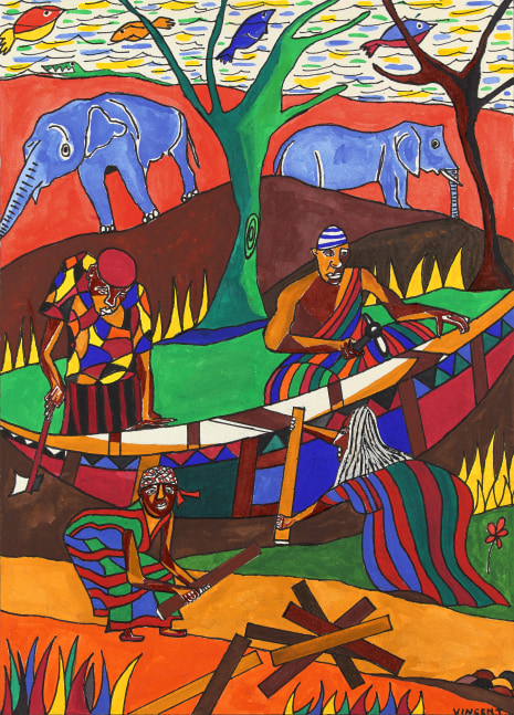 Abstract drawing of an outdoor scene: four figures building a boat in the center of the image, with two blue elephants and a river full of fish at the top
