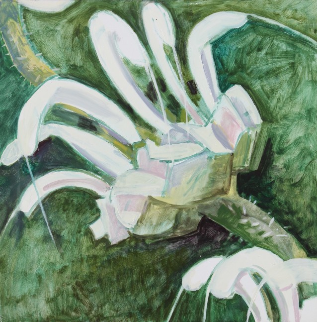 Painting of a close up view of a white flower against a green background