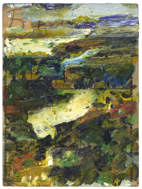 Abstract painting on paper consisting of marks in white, blue, black, yellow, orange, and green paint on a brown surface
